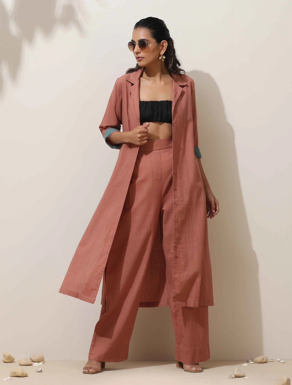 trueBrowns Peach Cotton Linen Kurta Pant Set | Grocsy