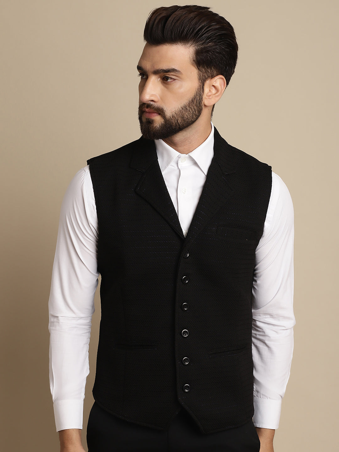 Even Apparels Men's Black Waistcoat with Notched Lapel | Grocsy