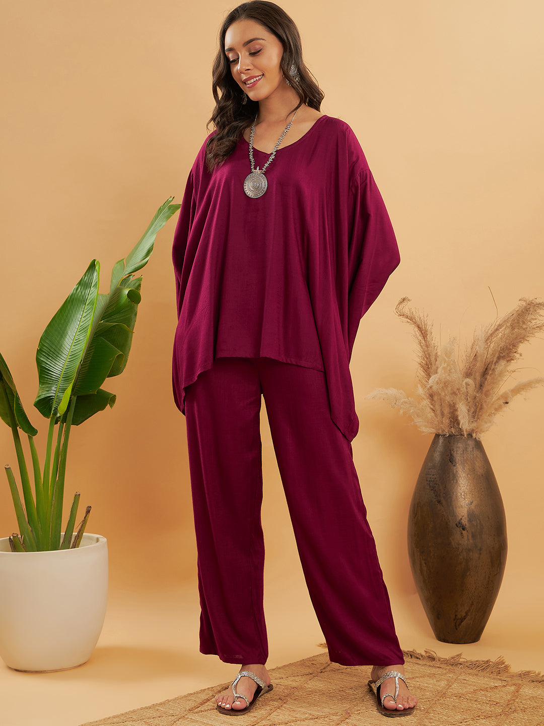 InWeave Women's Jam Wine Solid Boho Full Sleeve Coord Set | Grocsy