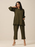 trueBrowns Olive Green Slub Texture Baggy Sleeve Co-Ord Set | Grocsy