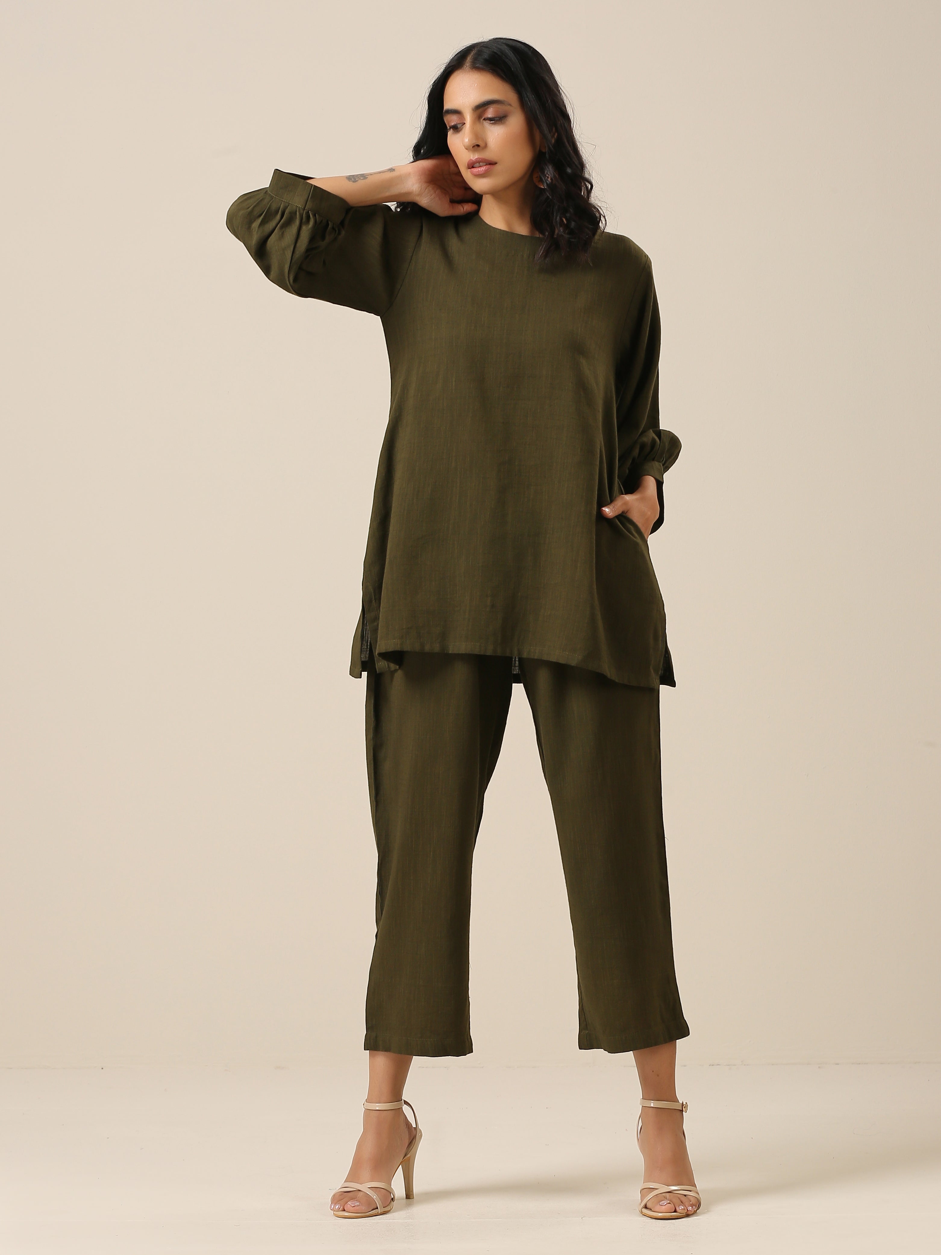 trueBrowns Olive Green Slub Texture Baggy Sleeve Co-Ord Set | Grocsy