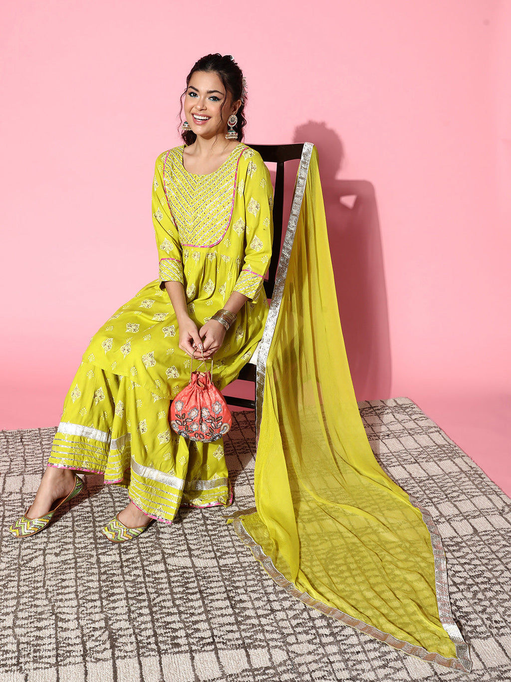 InWeave Women's Light Green Gota Work Kurta Sharara Set | Grocsy