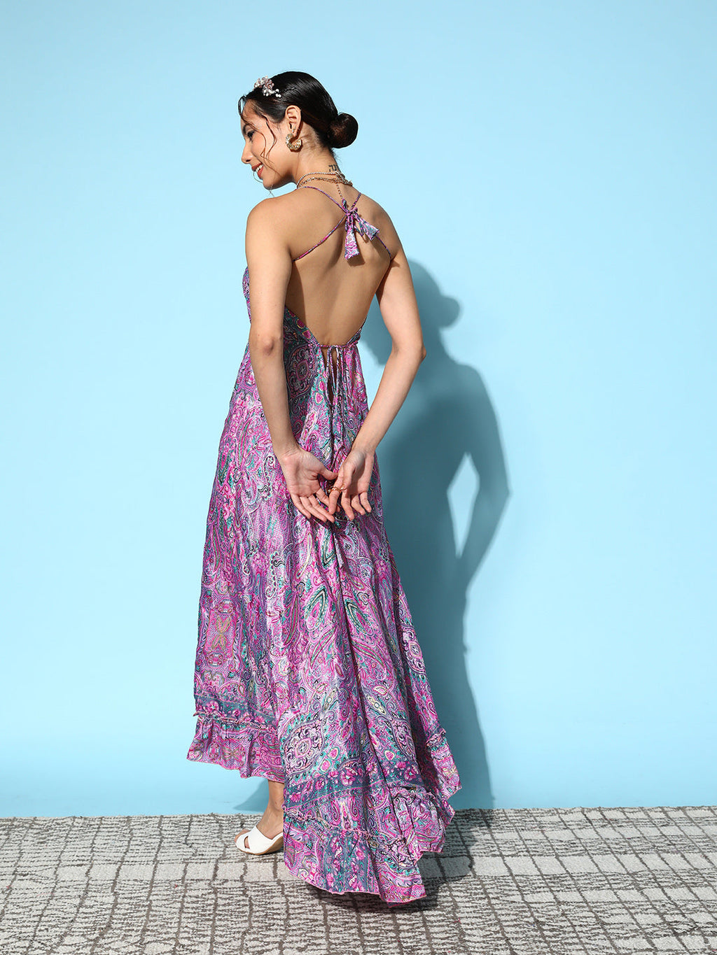 InWeave Women's Pink Paisley Print Back Detail Long Dress | Grocsy