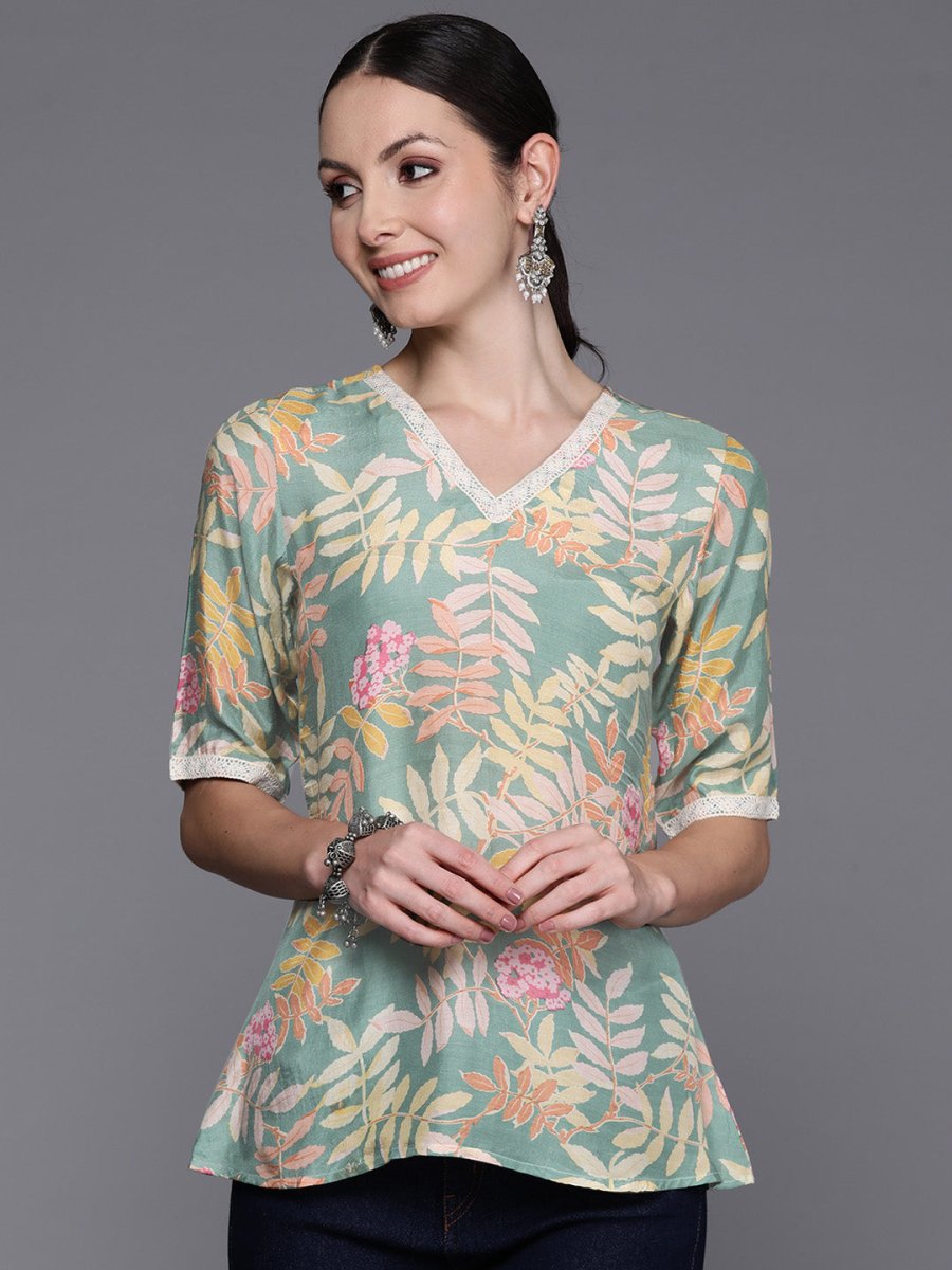 Ahalyaa Floral Printed Tunic with Lace Inserts Detail | Grocsy