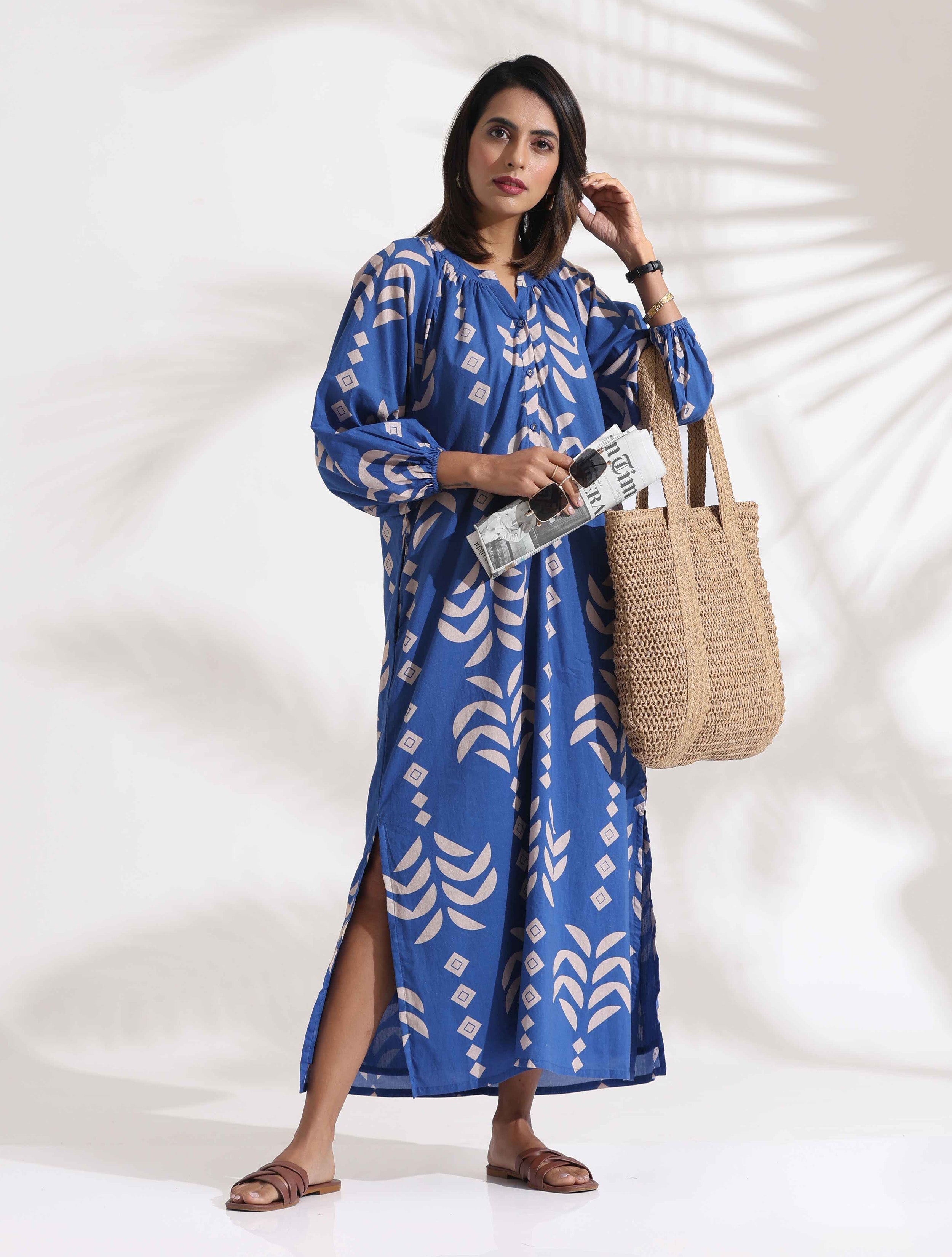 trueBrowns Blue Cotton Print Dress | Grocsy