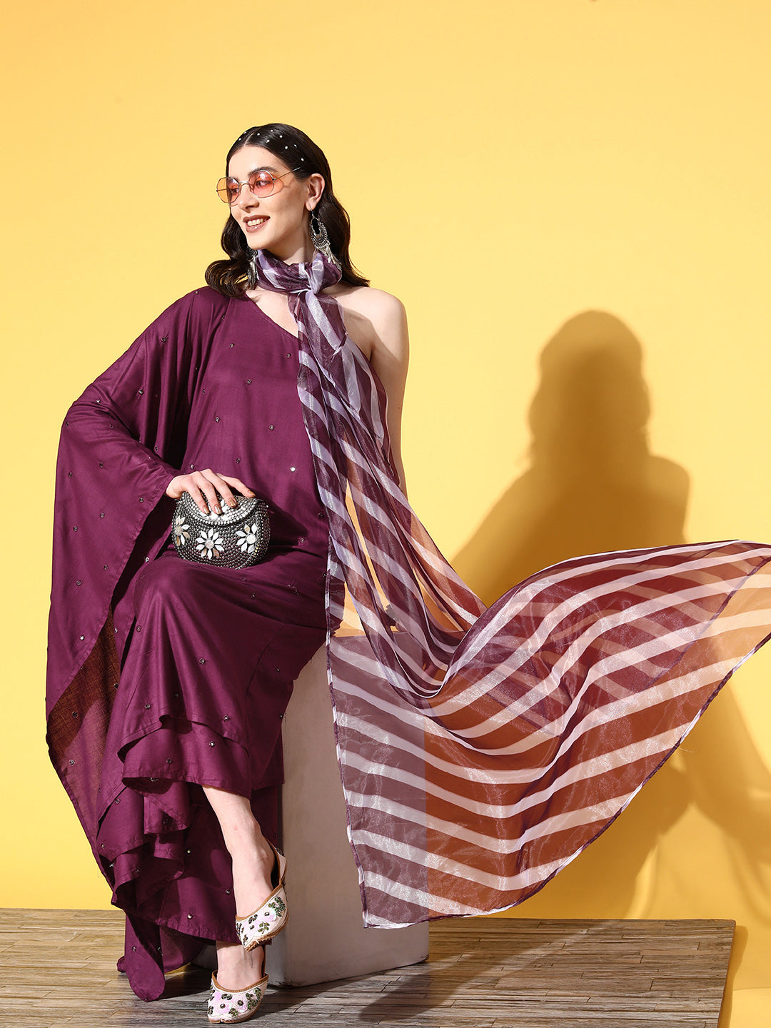 InWeave Women's Wine Mirror Work One Shoulder Kurta Set With Dupatta | Grocsy