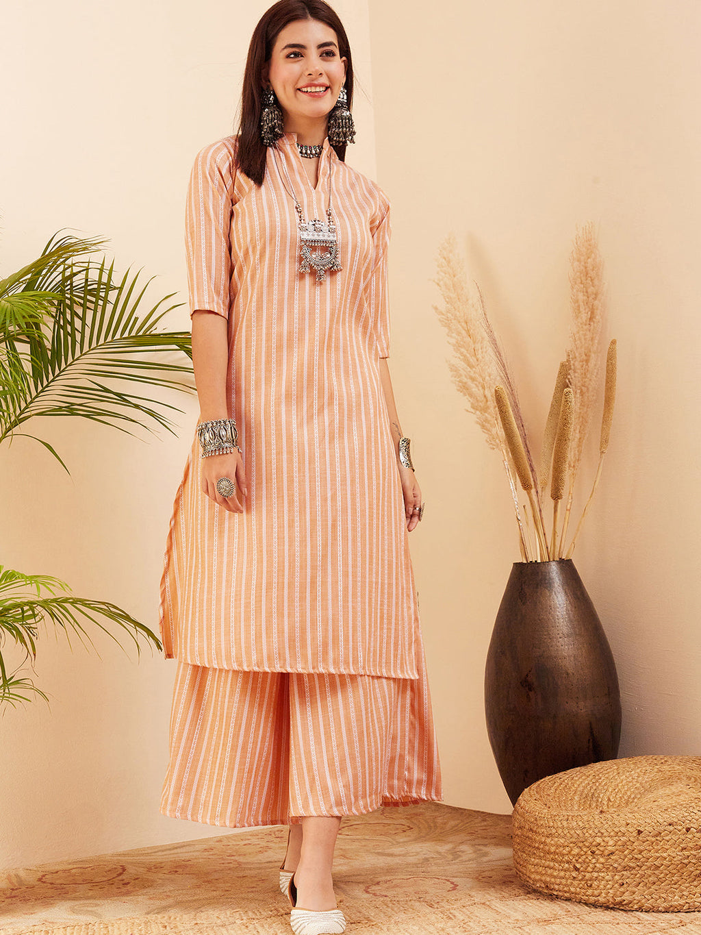 InWeave Women's Light Mustard Lurex Kantha Mandarin Neck Kurta Palazzo Set | Grocsy