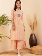 InWeave Women's Light Mustard Lurex Kantha Mandarin Neck Kurta Palazzo Set | Grocsy