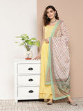InWeave Women's Light Yellow Ray Strappy Set With Aqua Printed Border Dupatta | Grocsy