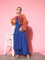 InWeave Women's Ink Blue Strappy Set With Pink Mustard Print Short Organza Cape | Grocsy