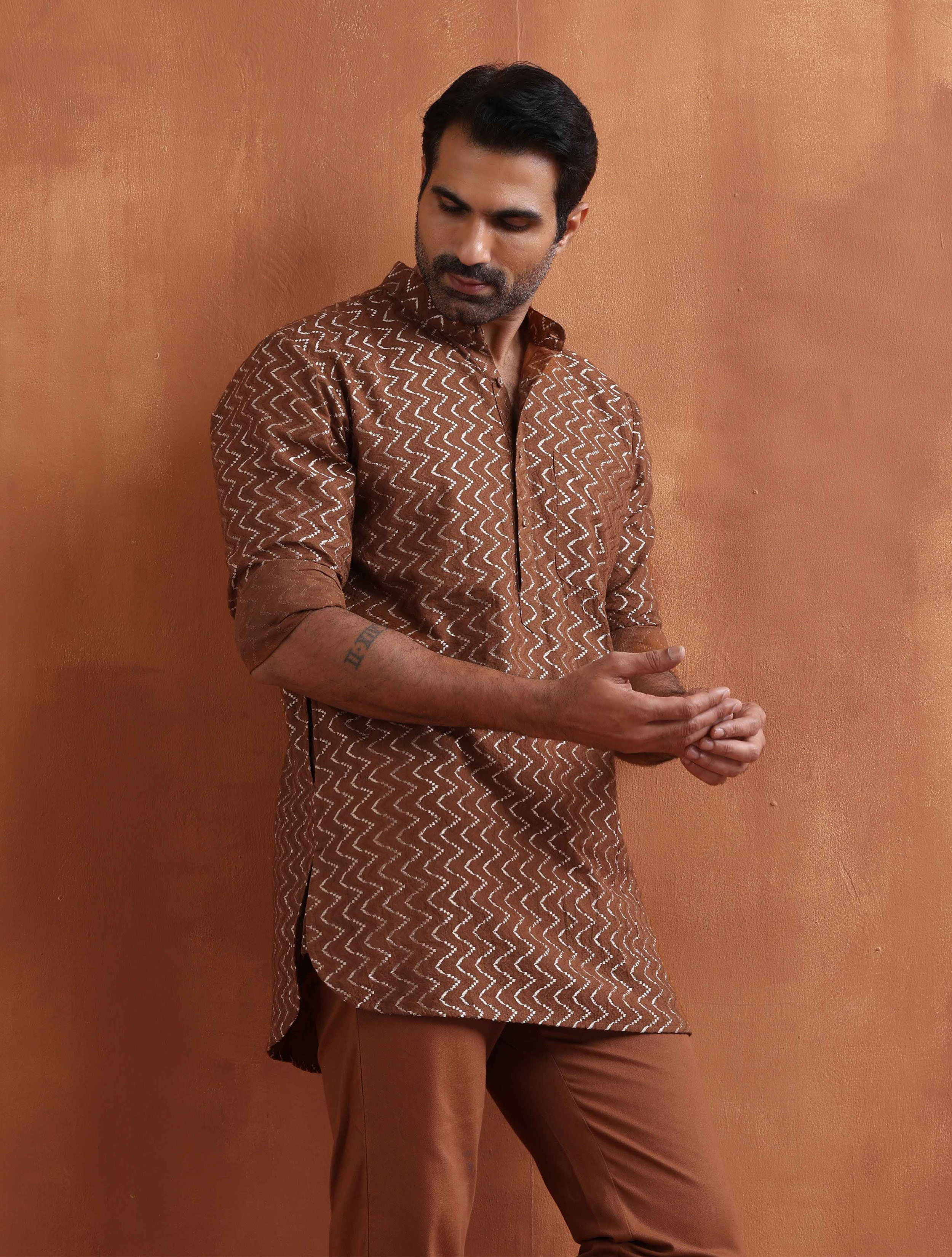 trueBrowns Men's Brown Cotton Dobby Short Kurta | Grocsy