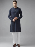 Fabmade Men Navy Blue Cotton Linen Kurta | Grocsy