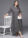 Ahalyaa Plus Size Chevron Print Crepe Mandarin Collar A-line Midi Ethnic Dress | Grocsy