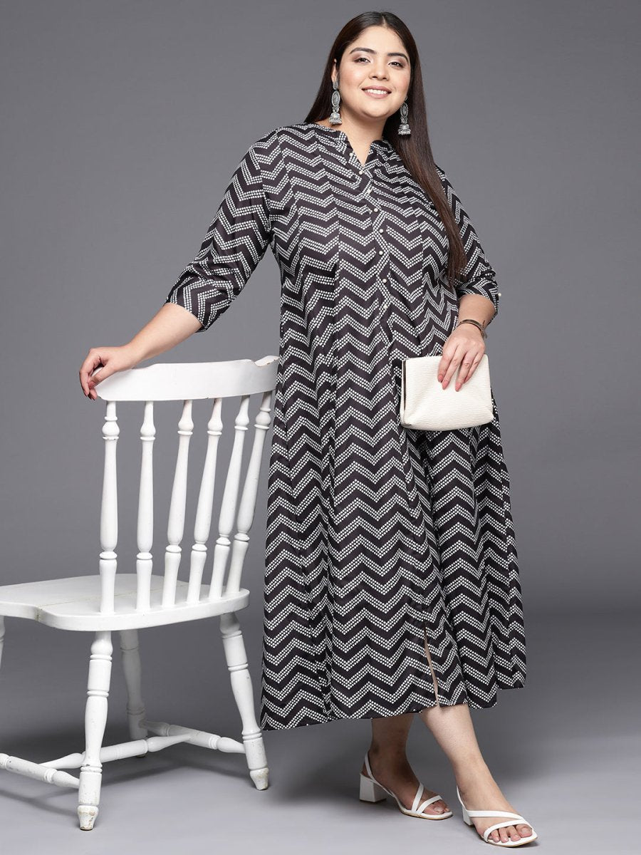 Ahalyaa Plus Size Chevron Print Crepe Mandarin Collar A-line Midi Ethnic Dress | Grocsy