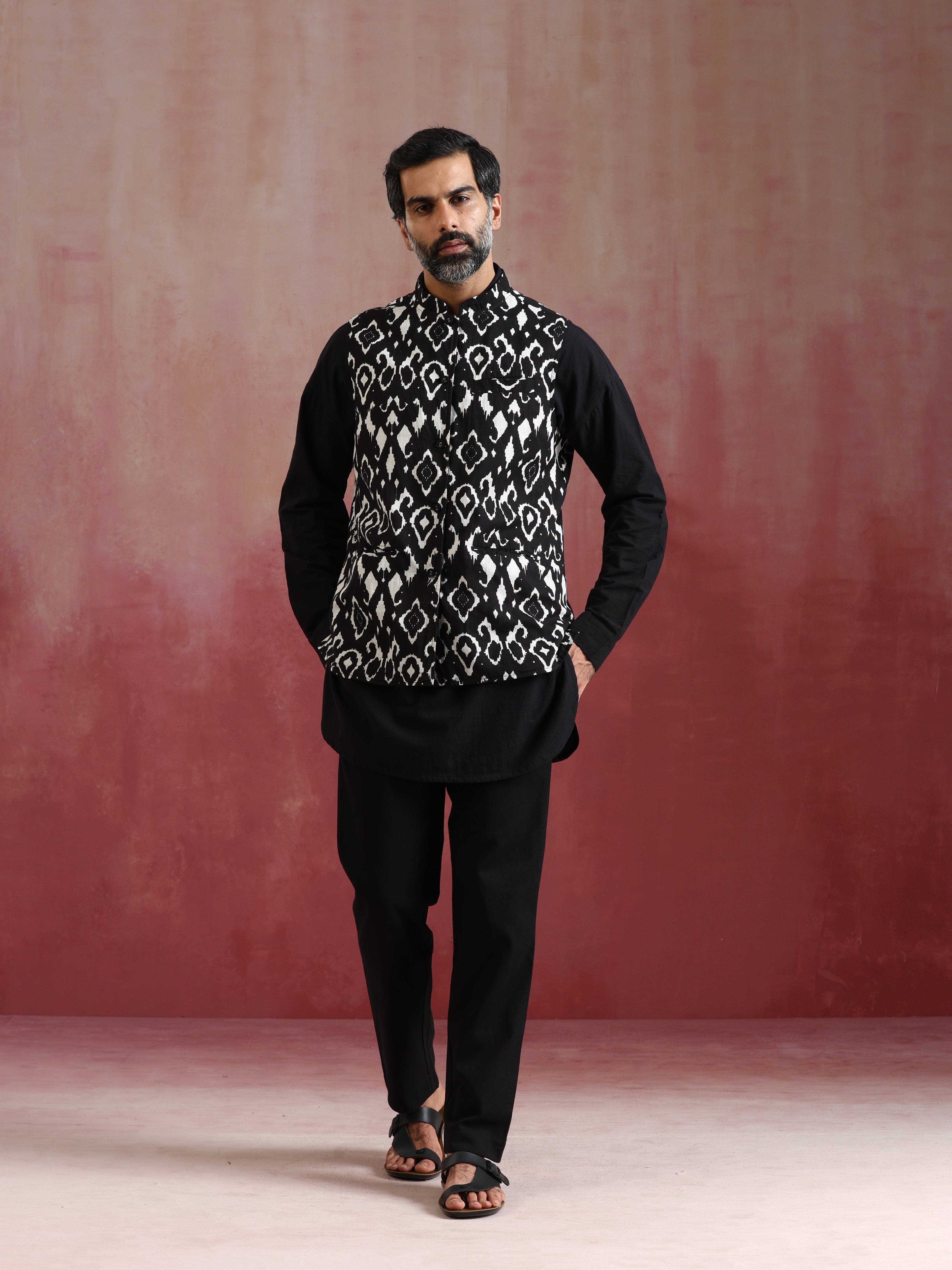 trueBrowns Men's Black Ikat Print Cotton Reversible Nehru Jacket | Grocsy