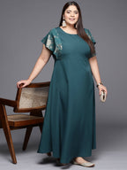 Ahalyaa Plus Size Floral Print Crepe Flared Sleeves A-line Maxi Ethnic Dress | Grocsy