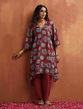 trueBrowns Maroon Print A-line Kurta Co-ord Set | Grocsy