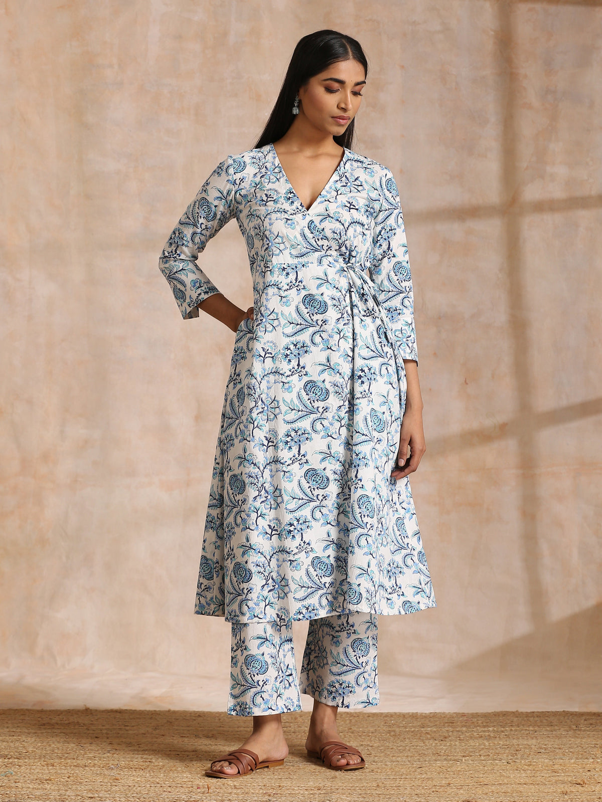 trueBrowns White With Overall Blue Print Cotton Angrakha Kurta Pant Set | Grocsy