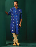 trueBrowns Men's Royal Blue Geometric Floral Viscose Silk Long Kurta | Grocsy
