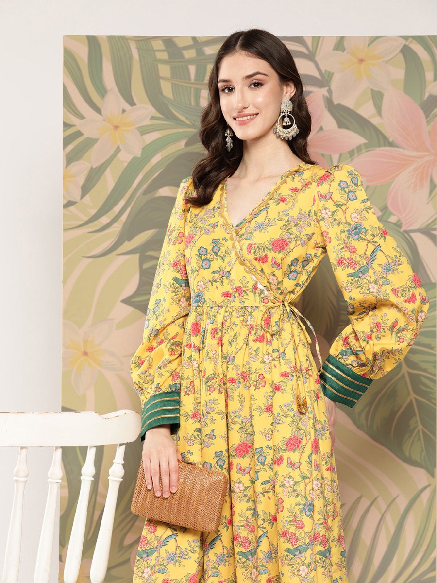 Ahalyaa Floral Printed Tie-Ups Crepe Empire Ethnic Dress | Grocsy