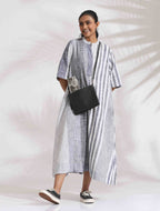 trueBrowns Off-White Cotton Multi Stripe Flared Dress | Grocsy
