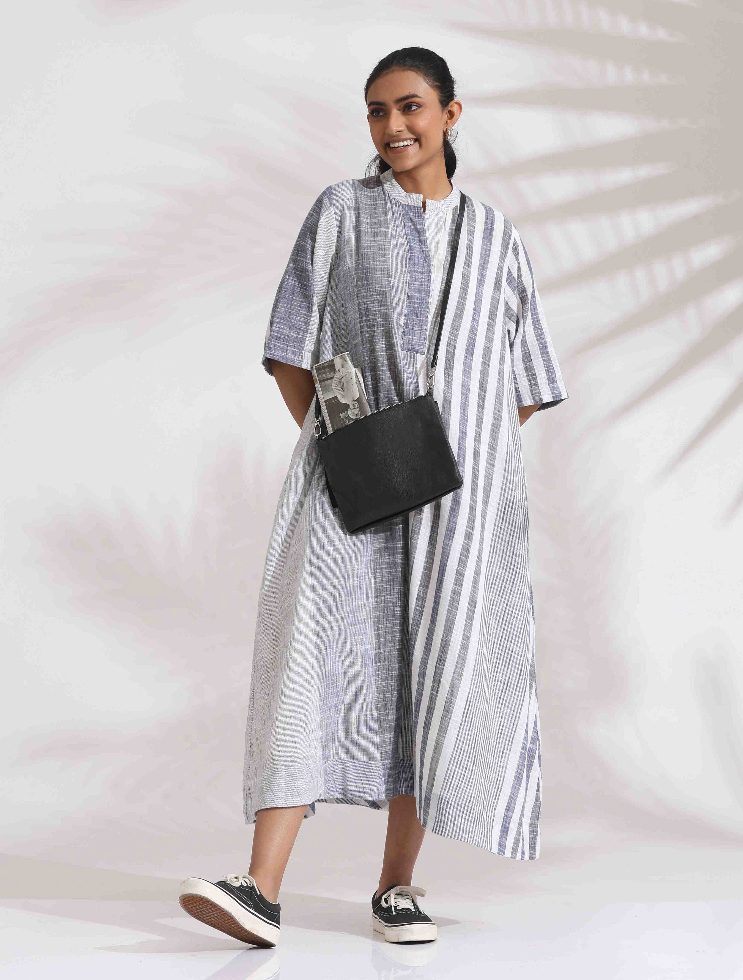 trueBrowns Off-White Cotton Multi Stripe Flared Dress | Grocsy