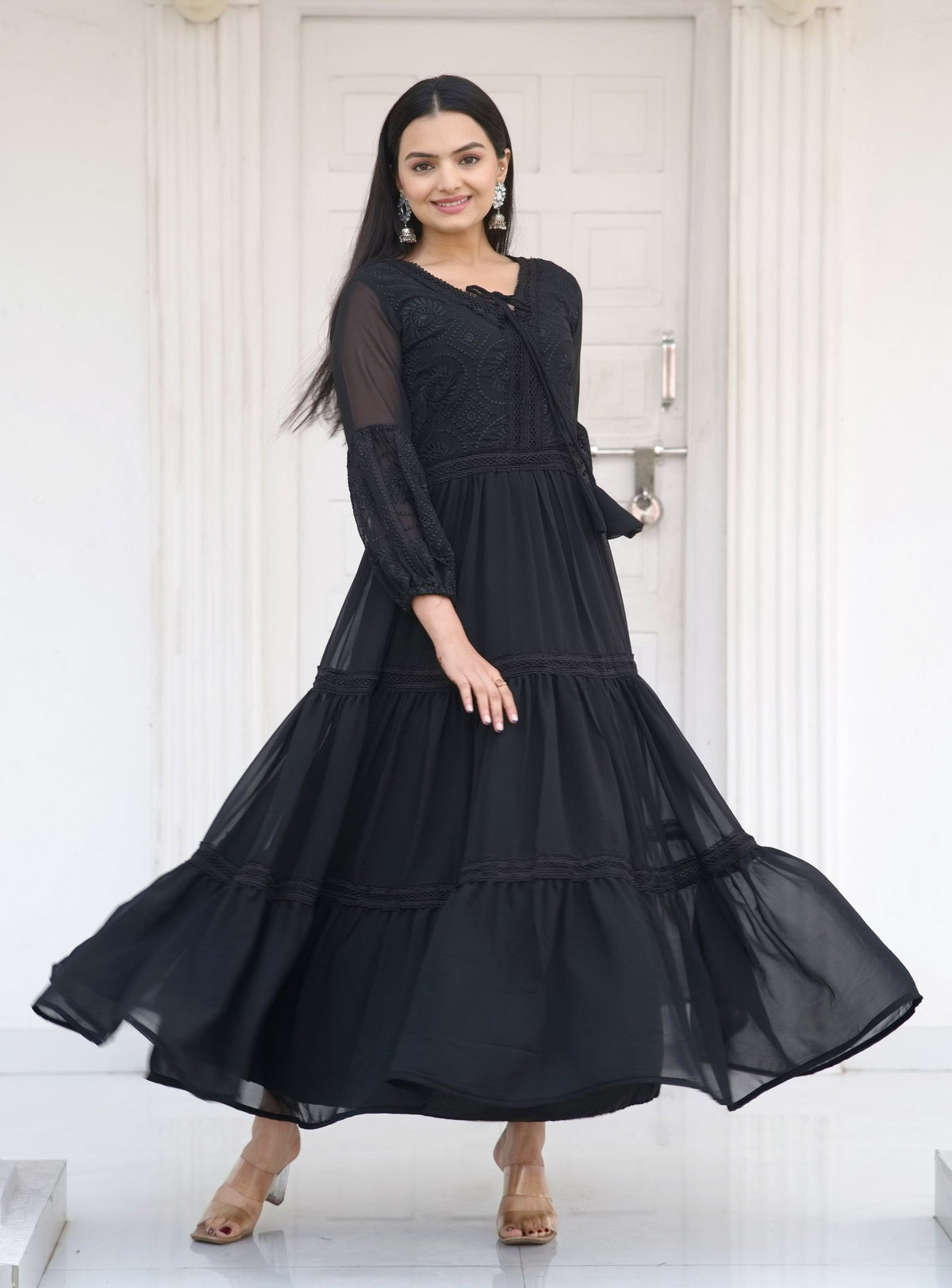 Teeya Creation Black Color Faux Georgette Silk Heavy Embroidery Work Fully Stitched Gown | Grocsy