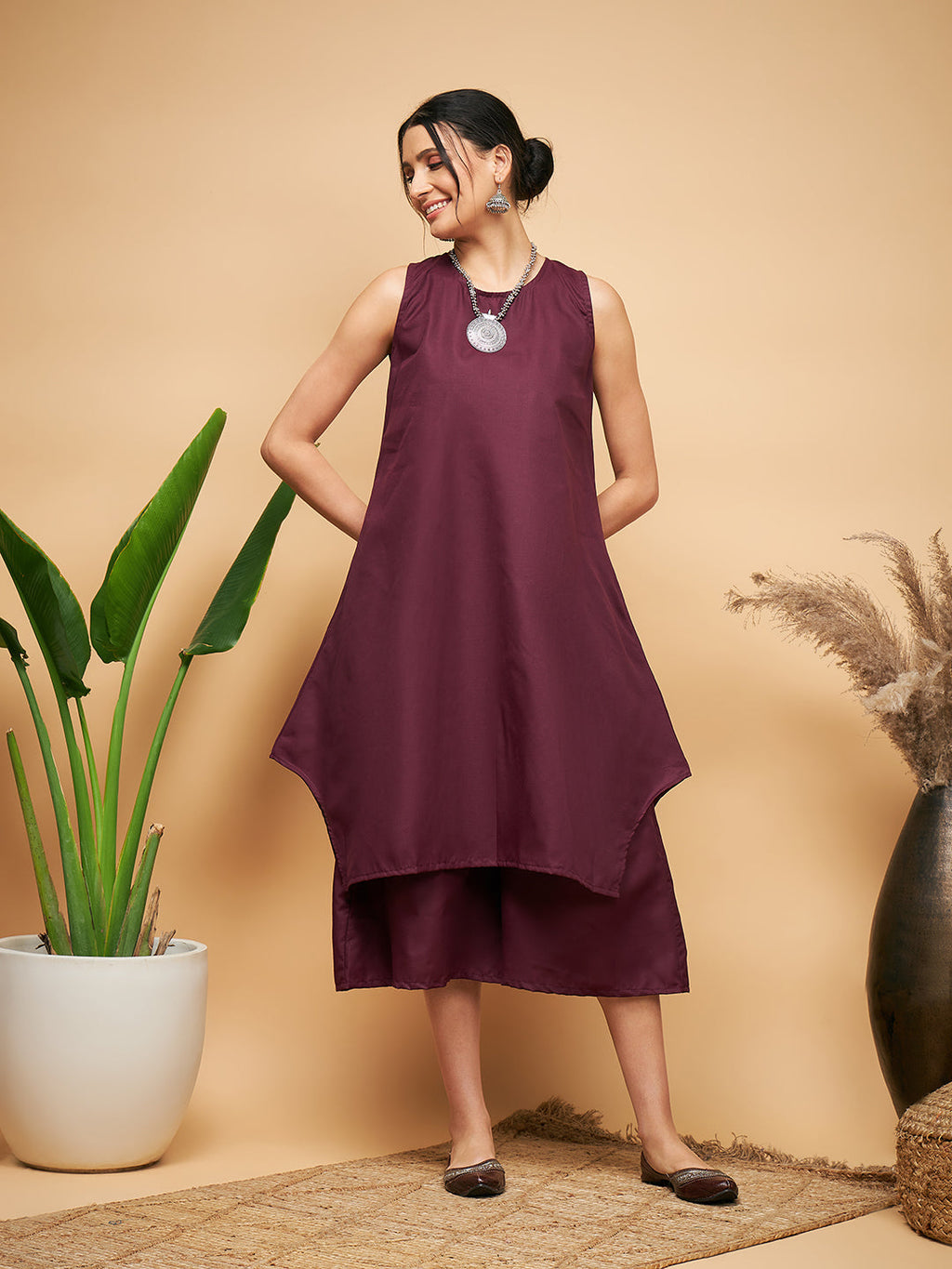 InWeave Women's Wine Solid Short Kurta Palazzo Set | Grocsy