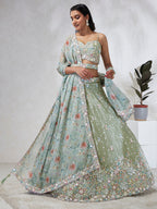House of Panchhi Lime Green Chiffon Sequins And Thread Embroidery Lehenga Choli & Dupatta | Grocsy