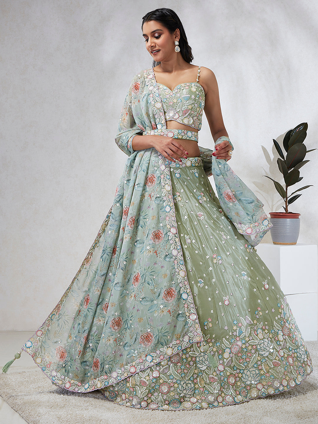 House of Panchhi Lime Green Chiffon Sequins And Thread Embroidery Lehenga Choli & Dupatta | Grocsy