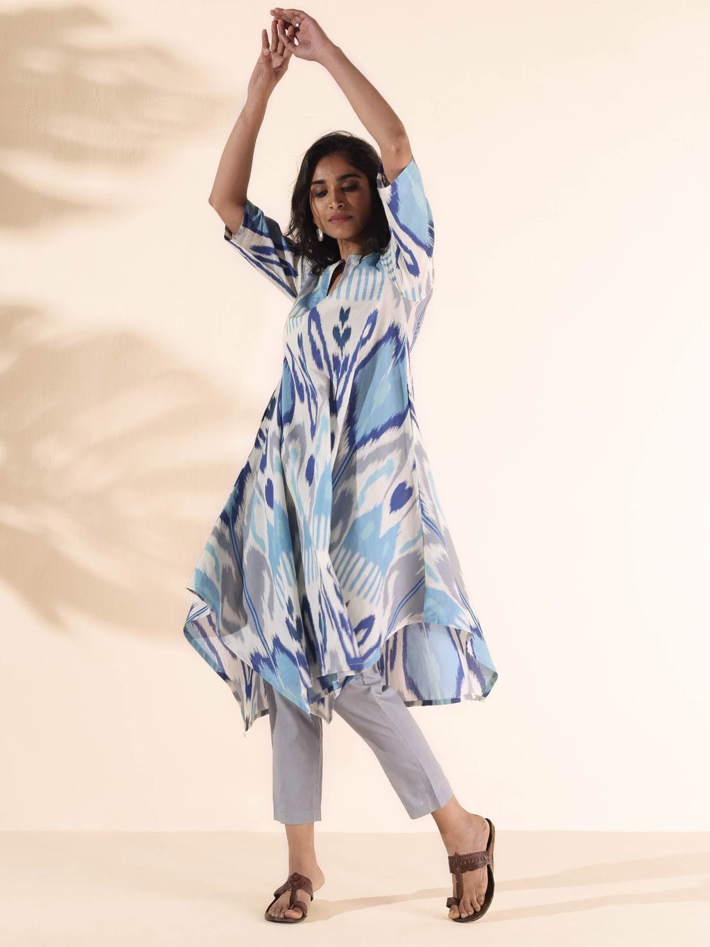 trueBrowns Blue Cotton Ikat Flared Kurta Pant Set | Grocsy