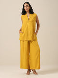trueBrowns Mustard Yellow Slub Texture Sleevesless Jacket Pant Set | Grocsy