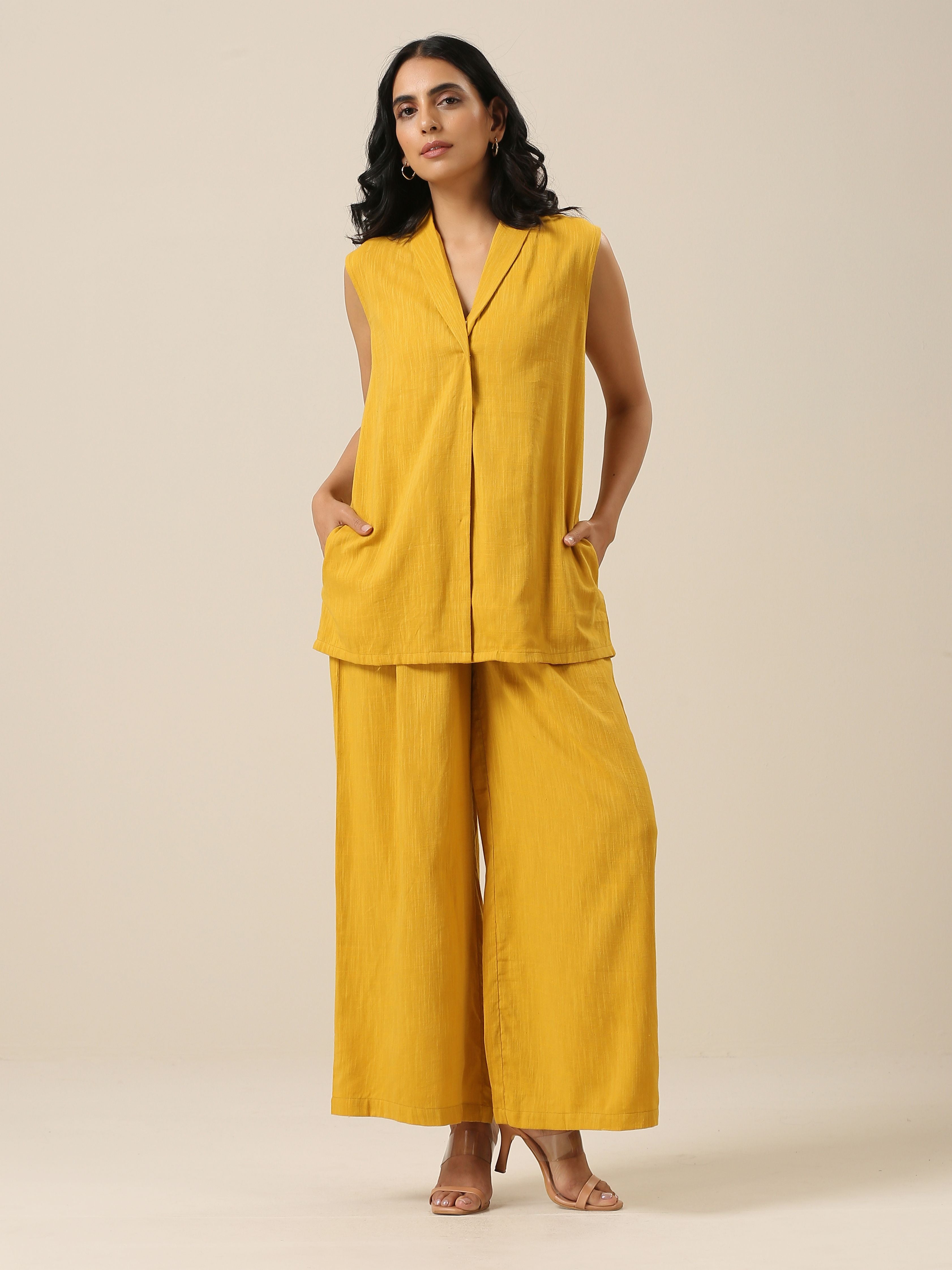 trueBrowns Mustard Yellow Slub Texture Sleevesless Jacket Pant Set | Grocsy
