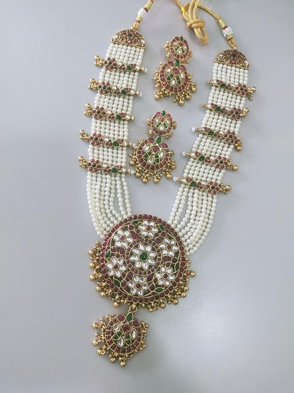 Jewel City Traditional Gold-Plated Pearl Kundan Bridal Necklace Set with Earrings | Ethnic Multi-Layered Rani Haar Jewelry | Grocsy