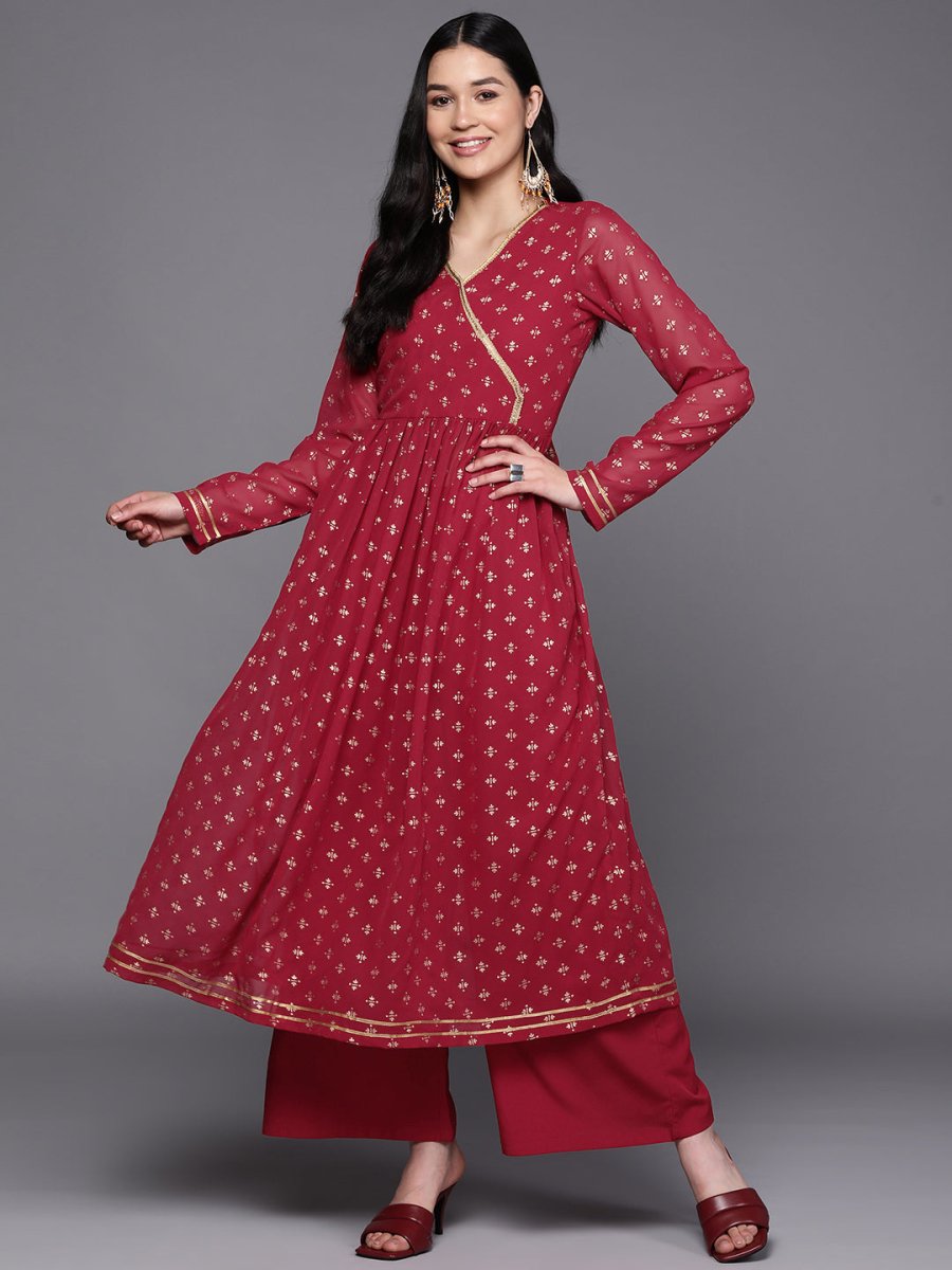 Ahalyaa Women Maroon Floral Empire Kurta with Palazzos | Grocsy