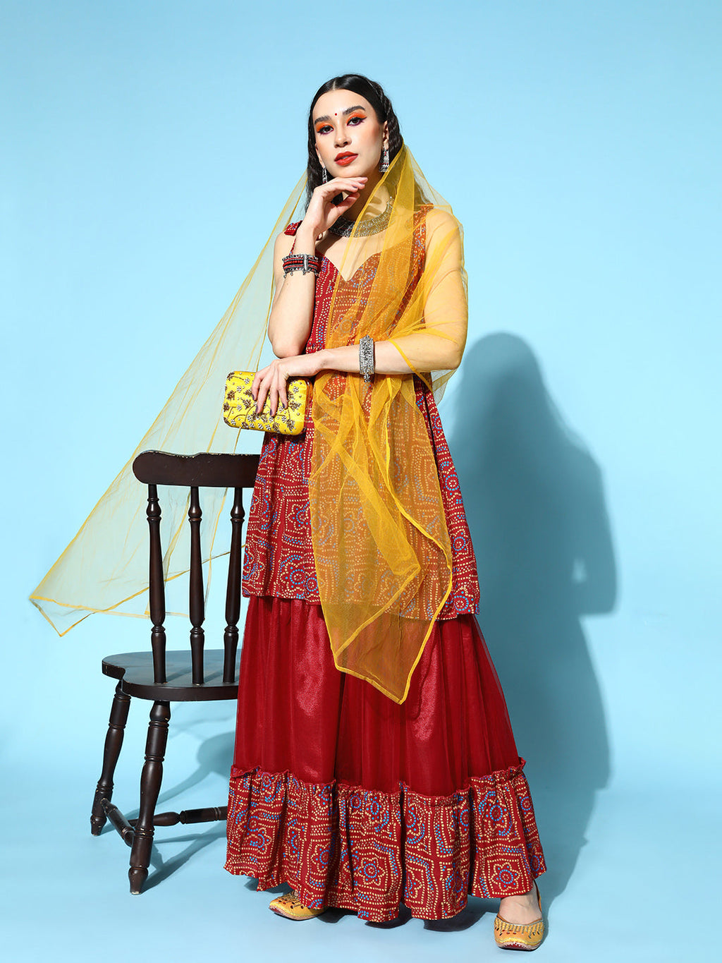 InWeave Women's Maroon Bandhani Net Sharara Set With Dupatta | Grocsy