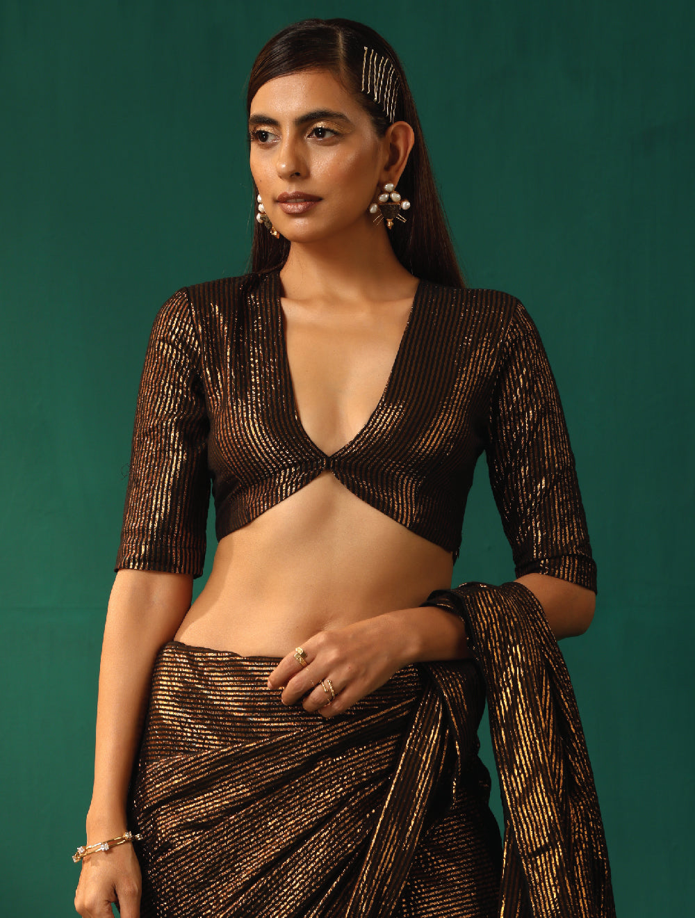 trueBrowns Black Cotton Gold Lurex Deep V-Neck Blouse | Grocsy