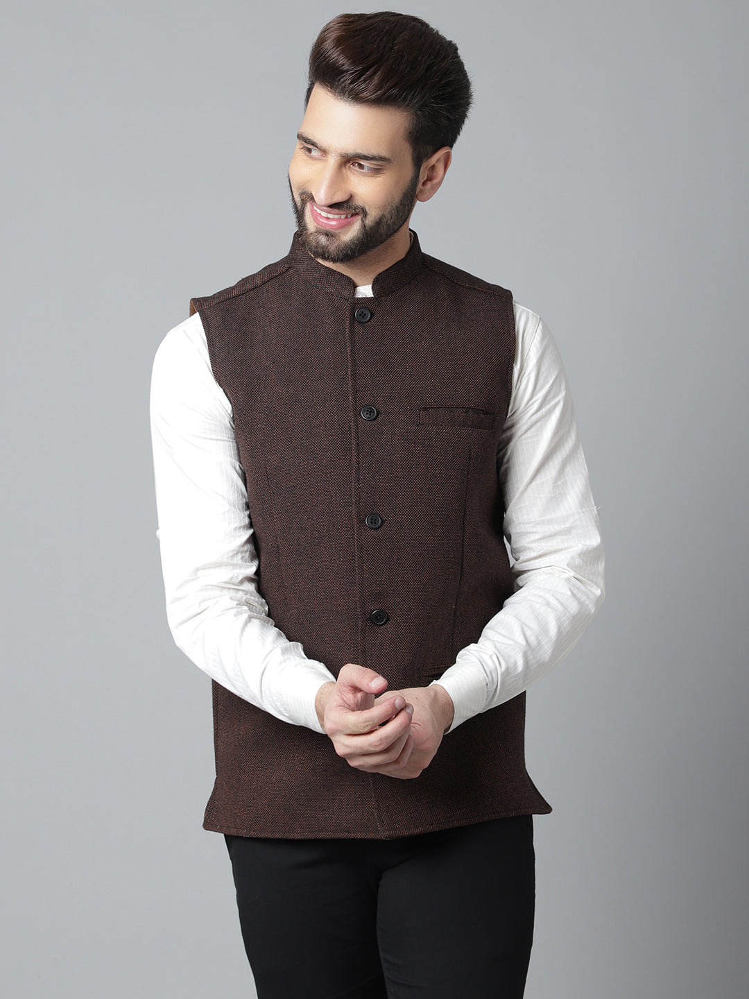 Even Apparels Men's Brown Nehru Jacket With Welt Pockets | Grocsy