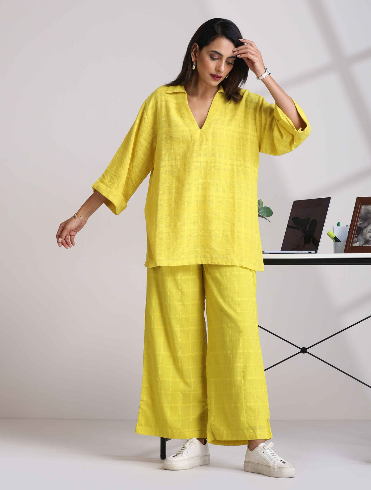 trueBrowns Lime Cotton Dobby V-Neck Co-ord Set | Grocsy