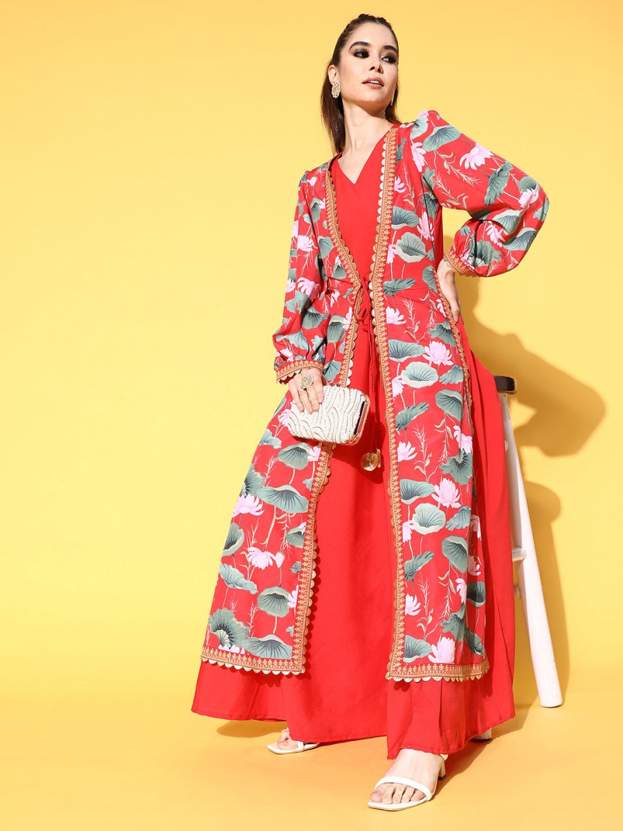 Ahalyaa Floral Printed Tie-Ups Maxi Ethnic Dress | Grocsy