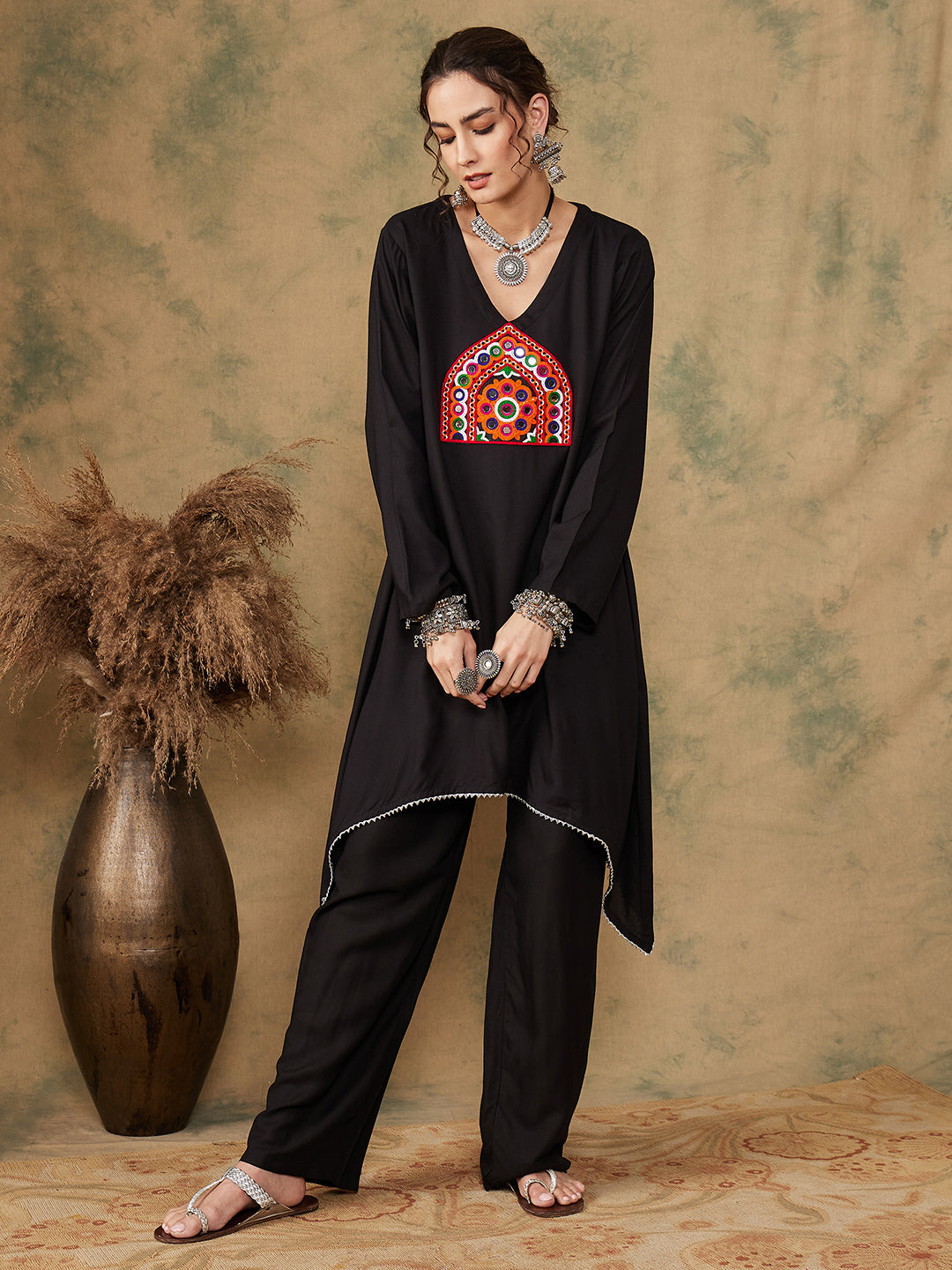 InWeave Women's Black Trangle Maroon Patch Work Assymentrical Kurta Set | Grocsy