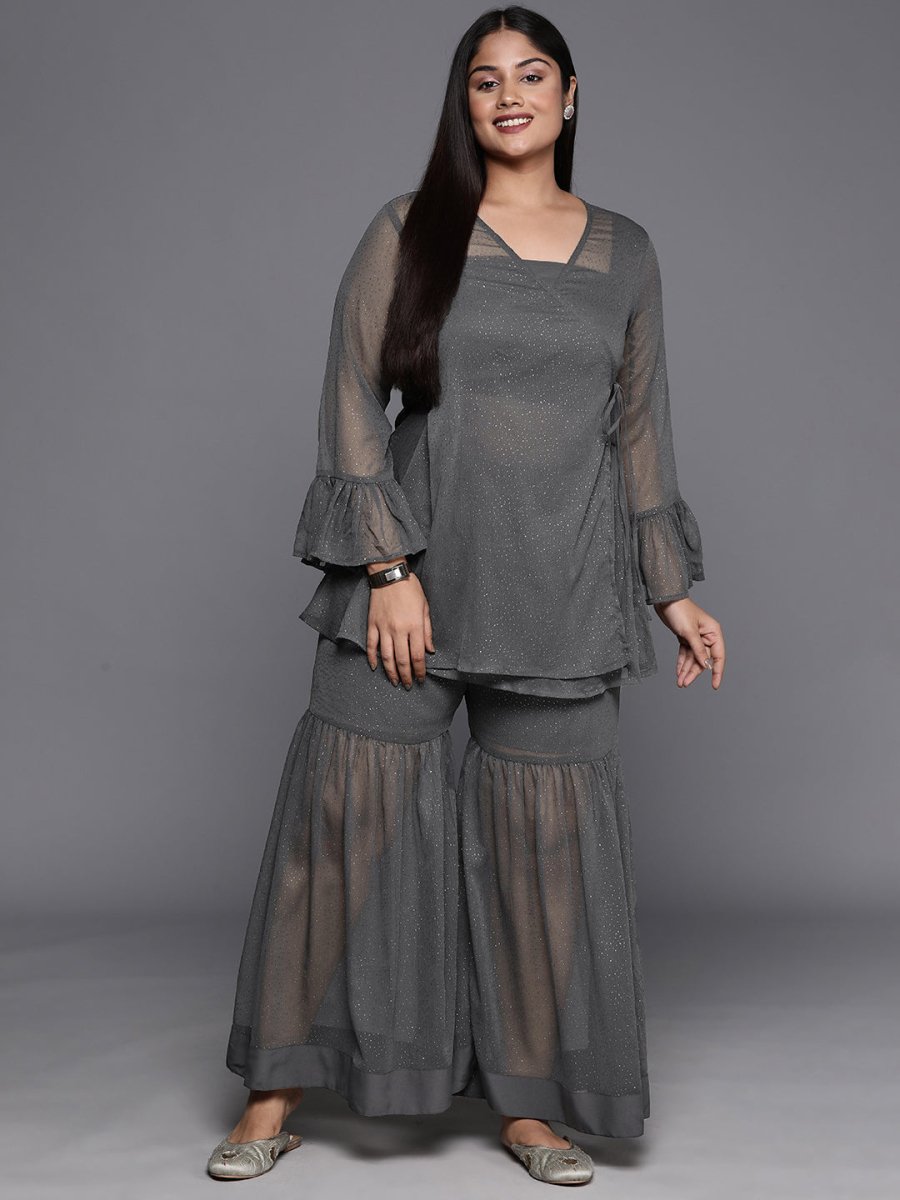 Ahalyaa Plus Size Ethnic Printed Chiffon Wrap Tunic with Sharara | Grocsy