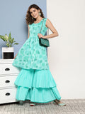 InWeave Women's Turquoise Printed Chintz Tiered Sharara Set | Grocsy