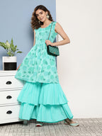 InWeave Women's Turquoise Printed Chintz Tiered Sharara Set | Grocsy