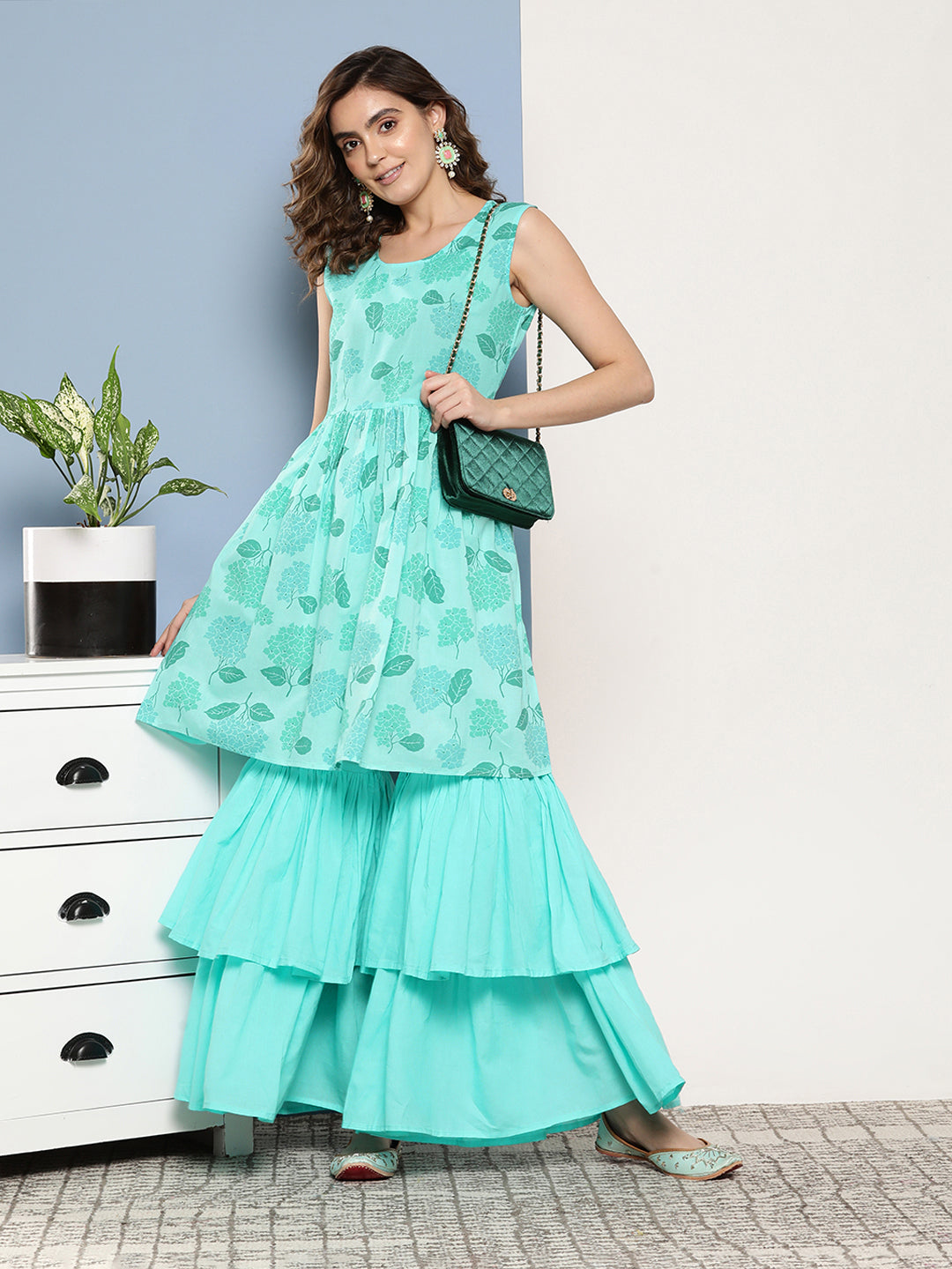 InWeave Women's Turquoise Printed Chintz Tiered Sharara Set | Grocsy