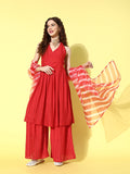InWeave Women's Red Lace Work Backless Kurta Sharara Set With Lehariya Dupatta | Grocsy