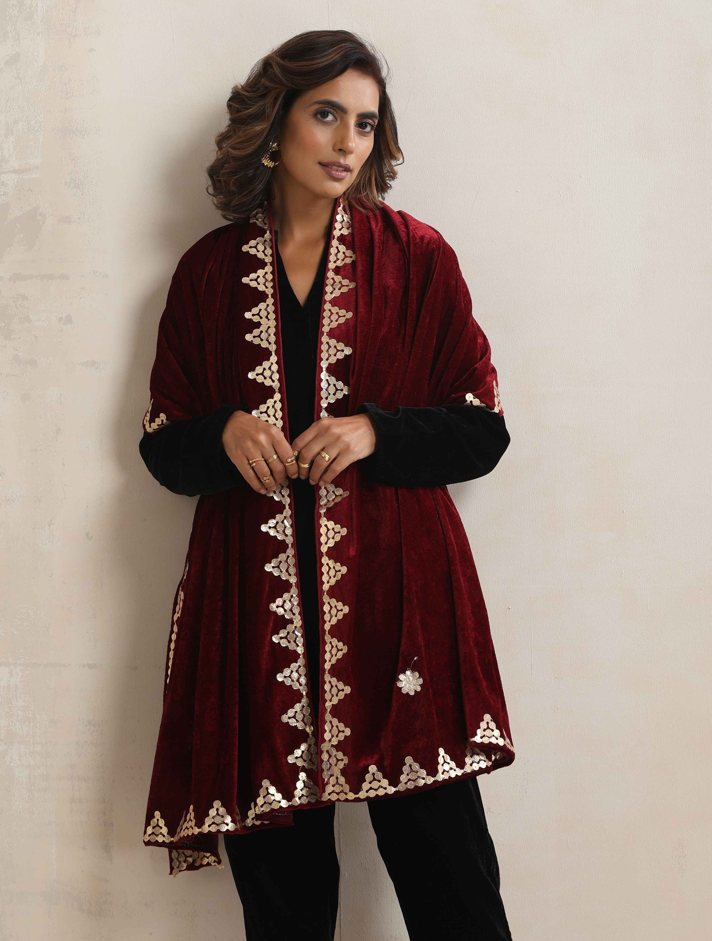 trueBrowns Maroon Velvet Gota Patti Stole | Grocsy