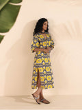 trueBrowns Yellow Cotton Ikat Slit Dress | Grocsy