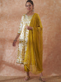 InWeave Women's White Mustard Lurex Leaf Print Patch Gota Kurta Set W Mustard Dupatta | Grocsy