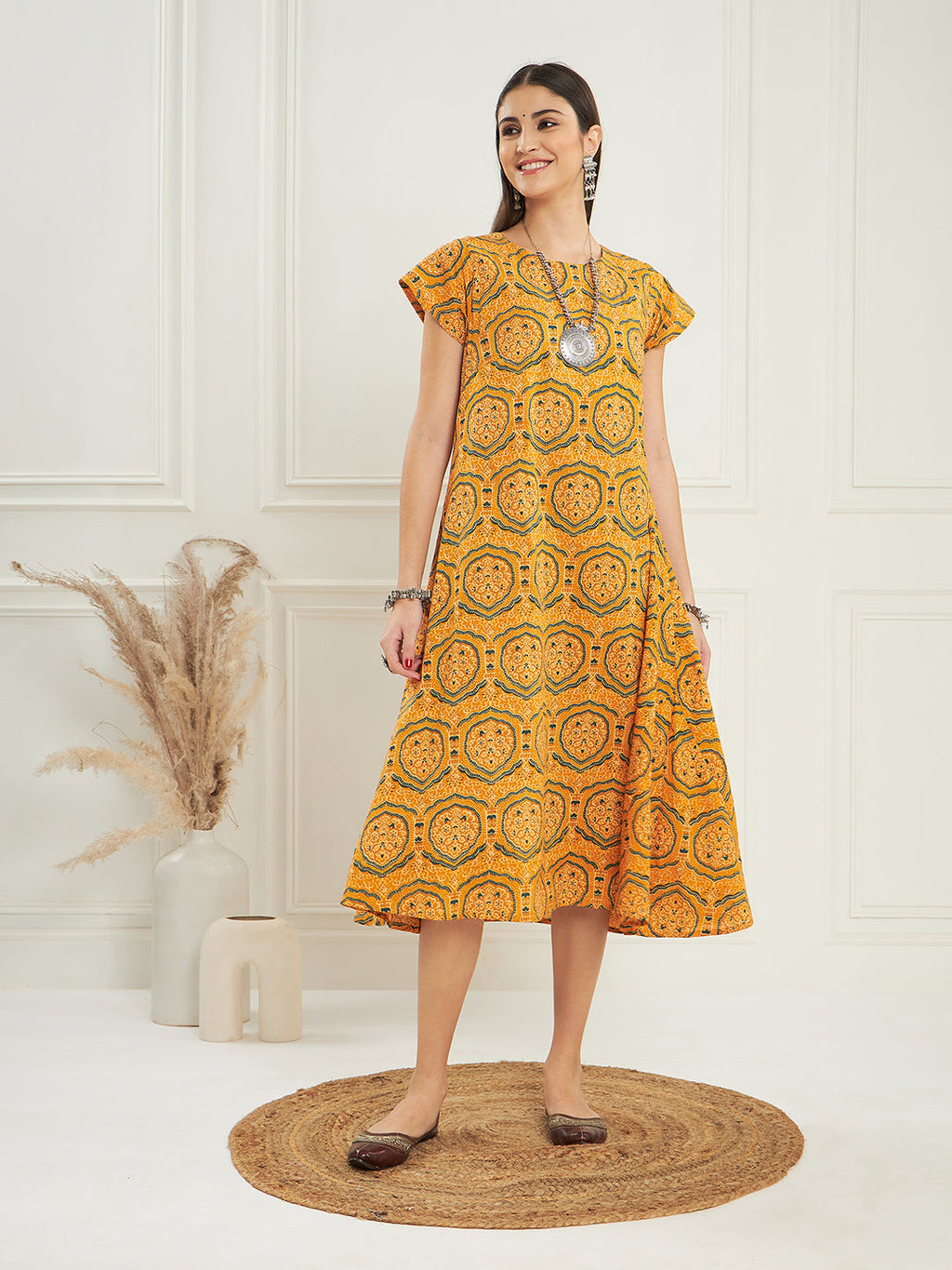 InWeave Women's Haldi Yellow Mughal Kalamkari A Line Dress | Grocsy